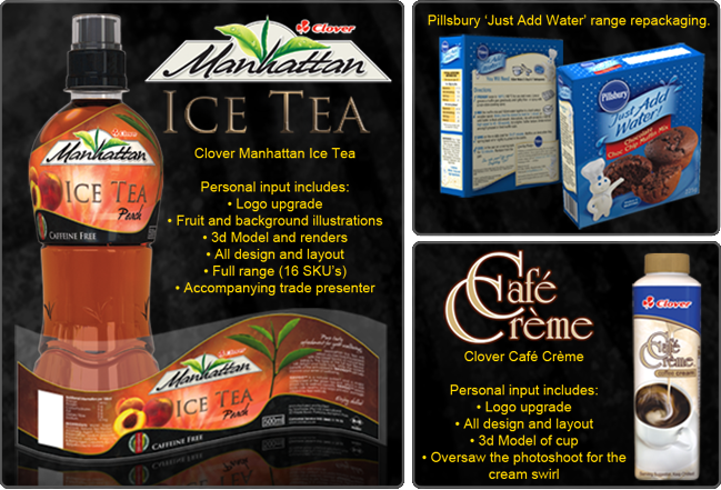 Packaging Examples: Manhattan Ice Tea, Pillsbury 'Just Add Water' and Clover Café Crème